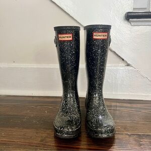 Hunter Tall Waterproof Rain Boots Black Glitter Sparkle Kids Size 2